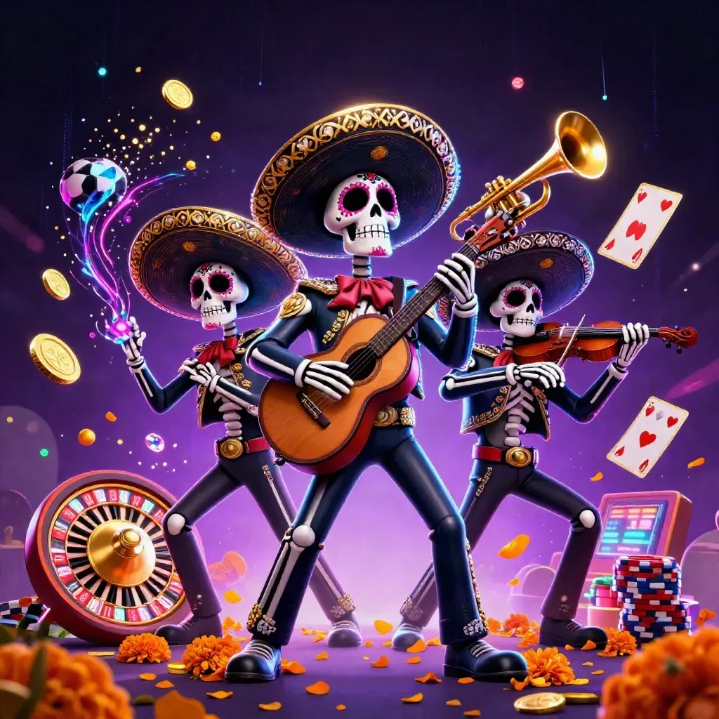 Skeleton mariachi trio amid casino coins, roulette, cards, and neon winter glow.
