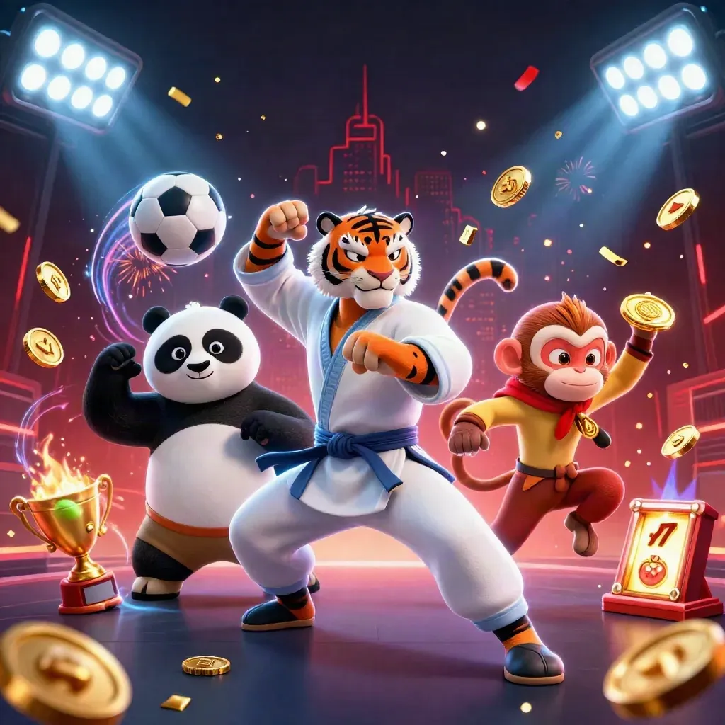 Tiger, panda, and monkey pose amid icy casino effects, coins, trophy, and neon light.