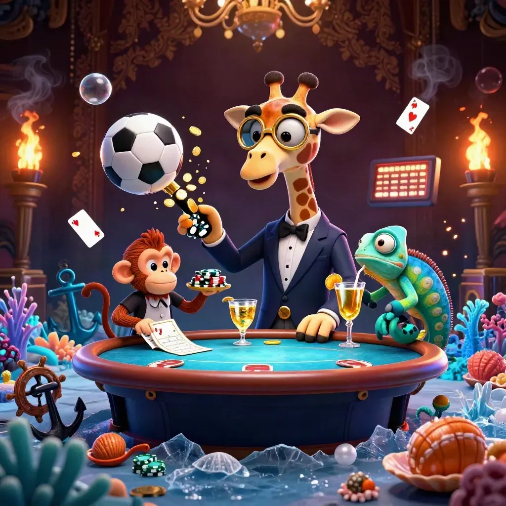 Giraffe, monkey, and chameleon in a treasure-cove casino with sports balls and glowing effects.