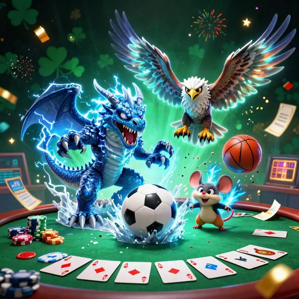 Thunder dragon, wind hawk and static mouse blast through casino sports props and icy neon light.