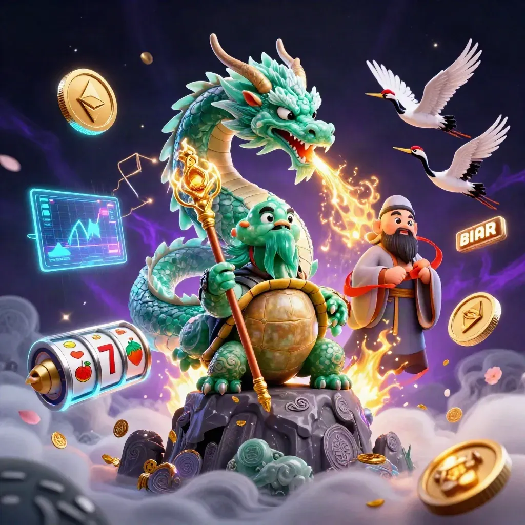 Dragon, turtle sage, and cranes amid glowing coins, magic, and casino energy.