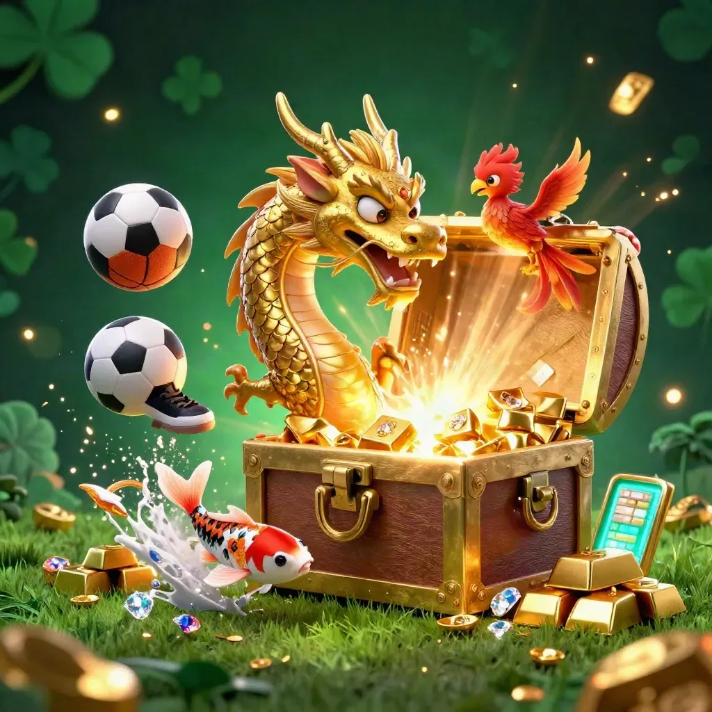 Golden dragon and casino treasure burst with sports balls in icy emerald casino glow