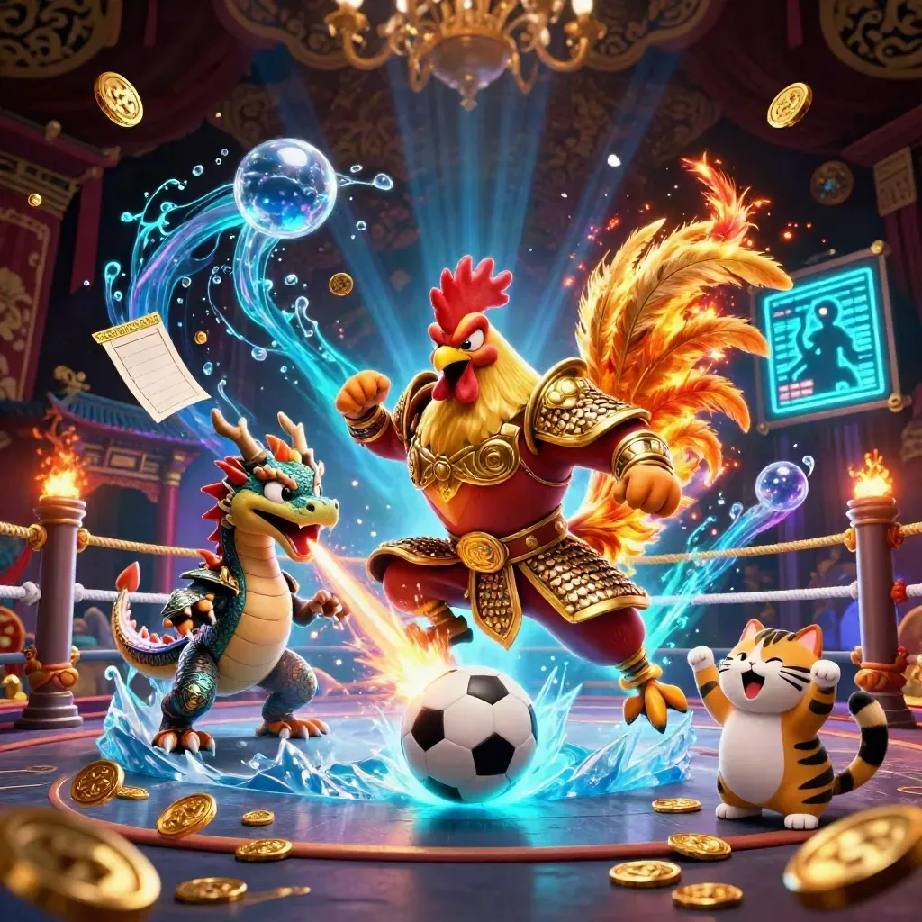 Rooster warrior, dragon hatchling and fortune-cat amid sports balls, coins and neon casino glow.