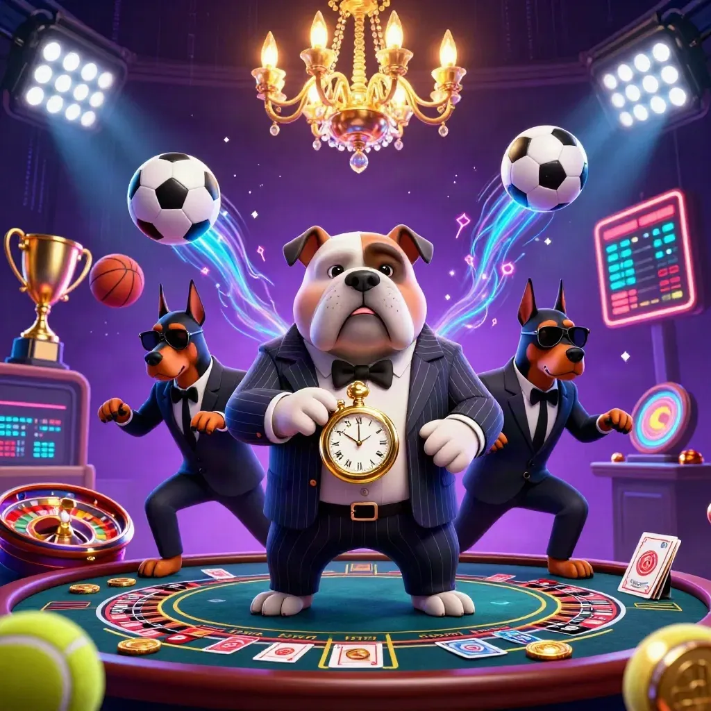 Bulldog mob boss with Doberman guards amid neon casino chaos, sports balls, trophy, roulette, cards