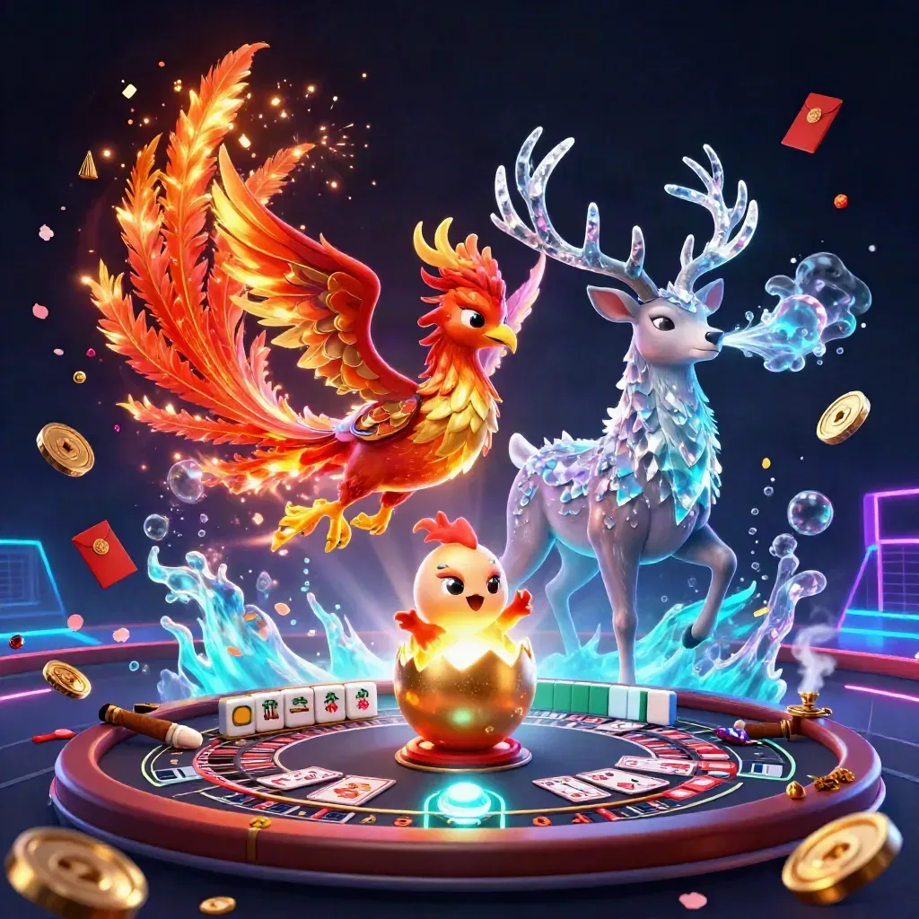 Fire phoenix, baby phoenix, and crystal stag amid glowing casino fantasy objects and neon light.