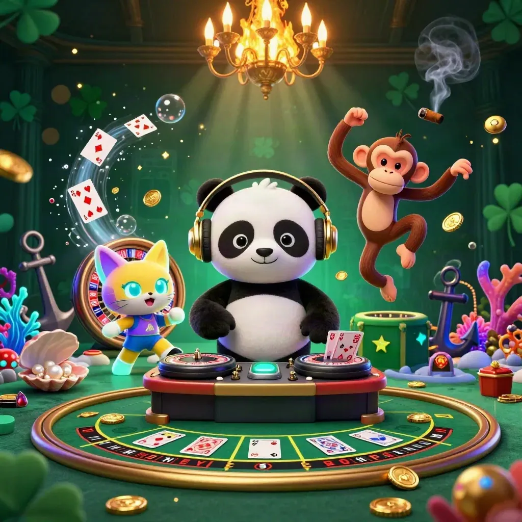 DJ panda, breakdancing monkey, and glow-stick kitten in a neon treasure-cove casino key art.