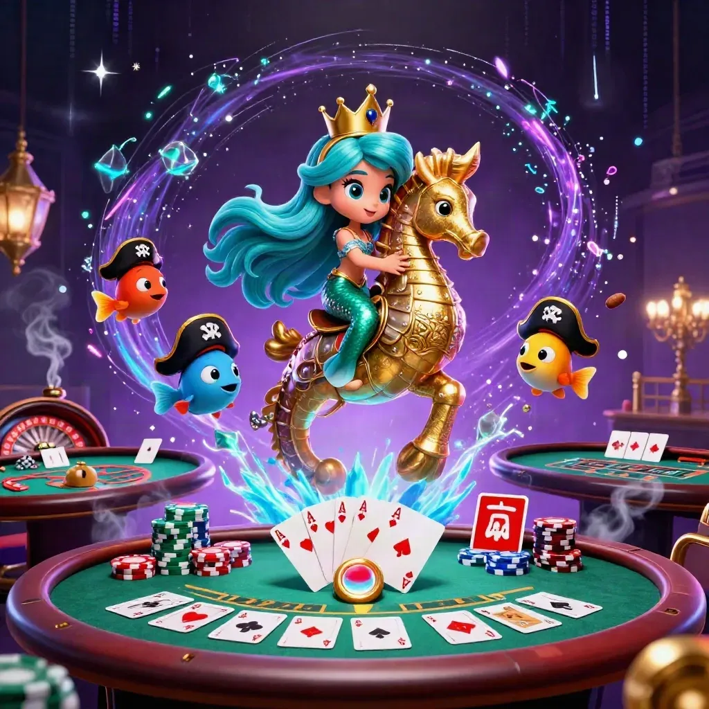 Mermaid princess rides a golden seahorse through a neon casino with cards, chips, and glowing effects.