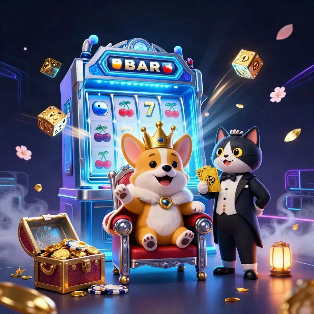 Crowned corgi and cat butler amid exploding slot machine, chips, dice and icy neon glow.