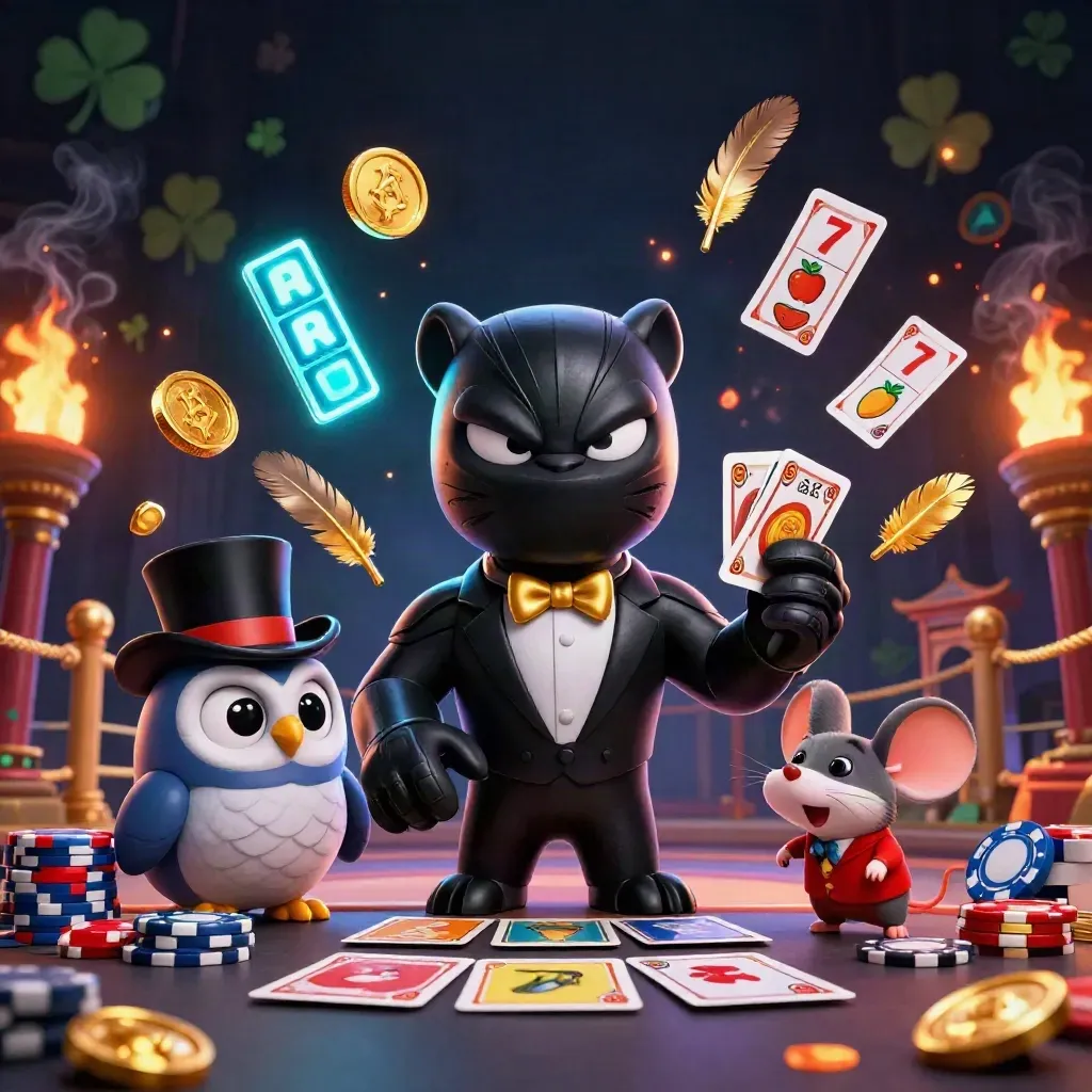 Panther dealer, owl and mouse amid coins, reels, temple gate, embers, and icy neon glow.