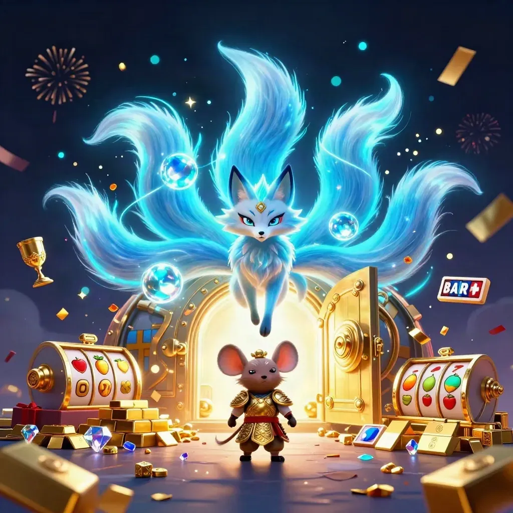 Nine-tailed fox spirit and armored mouse amid treasure, cyan magic, and casino loot explosions