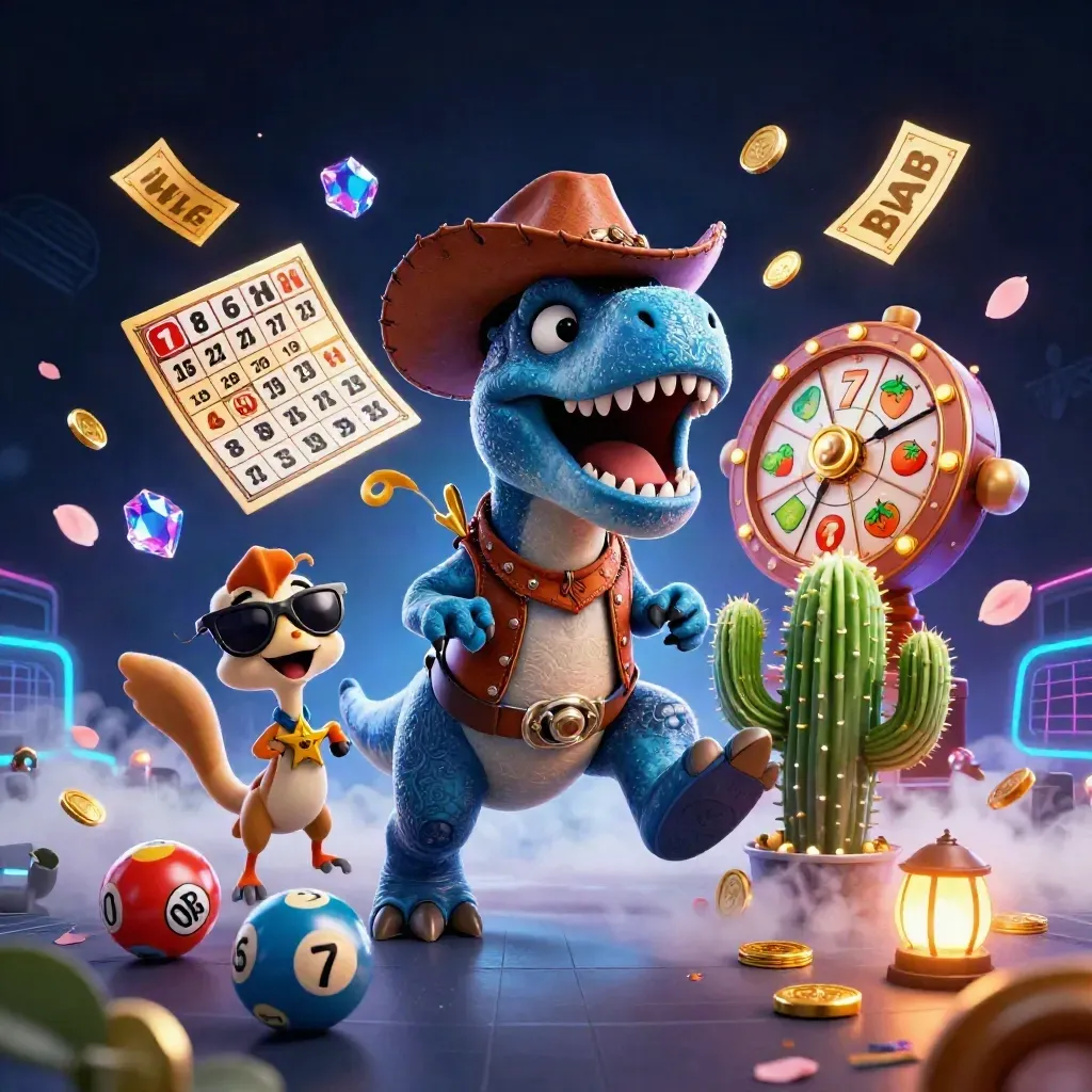 Cowboy T-Rex trio bursts through neon casino treasure in icy blue light.