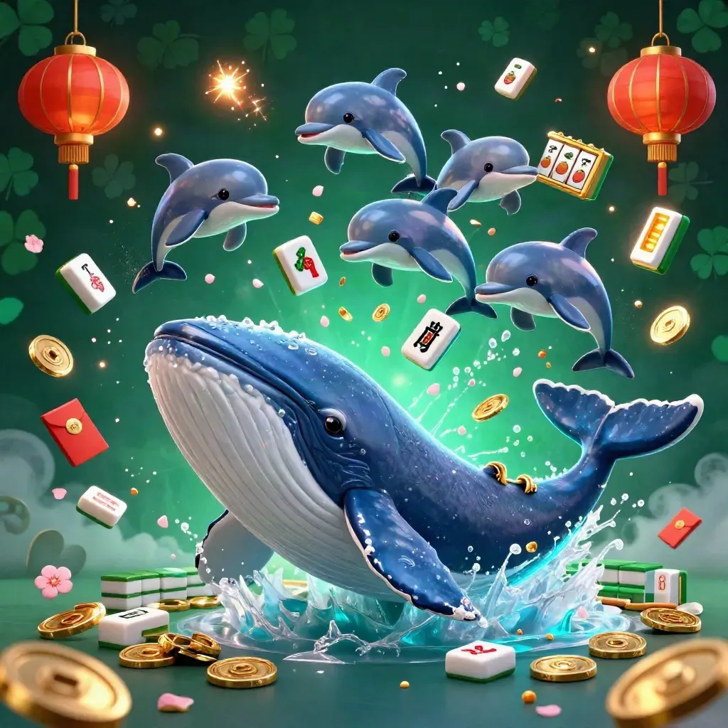 Whale captain, narwhal and dolphins burst through coins with neon casino effects.