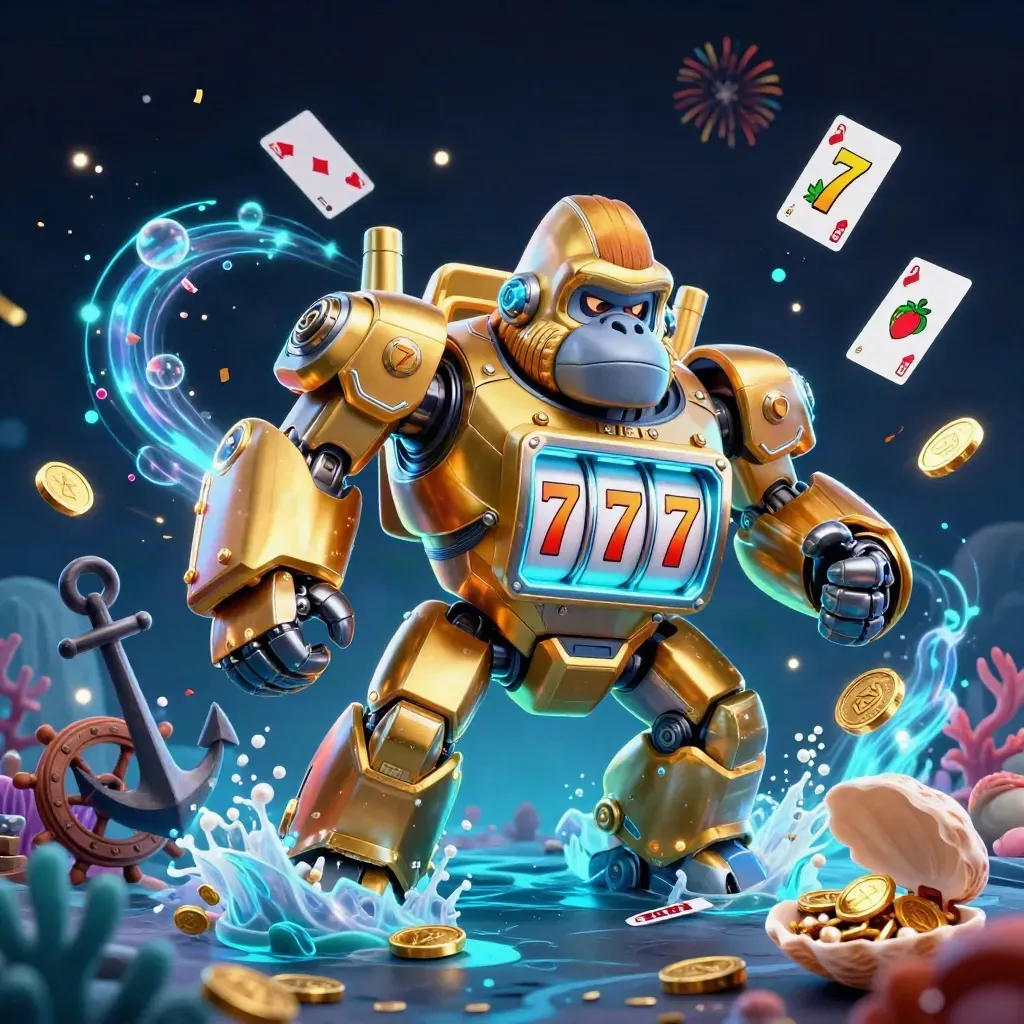 Golden gorilla mech with monkey pilot bursting from neon-cyan treasure cove amid coins, coral, and fireworks