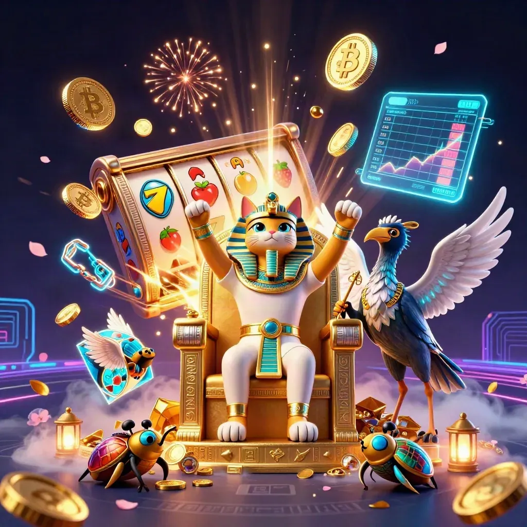 Pharaoh cat, ibis scribe, scarabs, and treasure burst with coins, reels, and neon crypto effects.