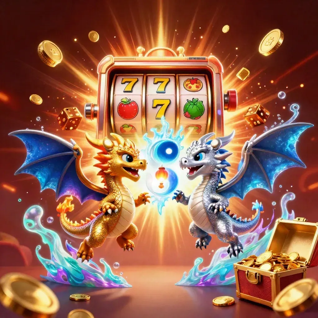 Twin gold and silver dragons spiral through a bursting slot machine with coins and treasure.