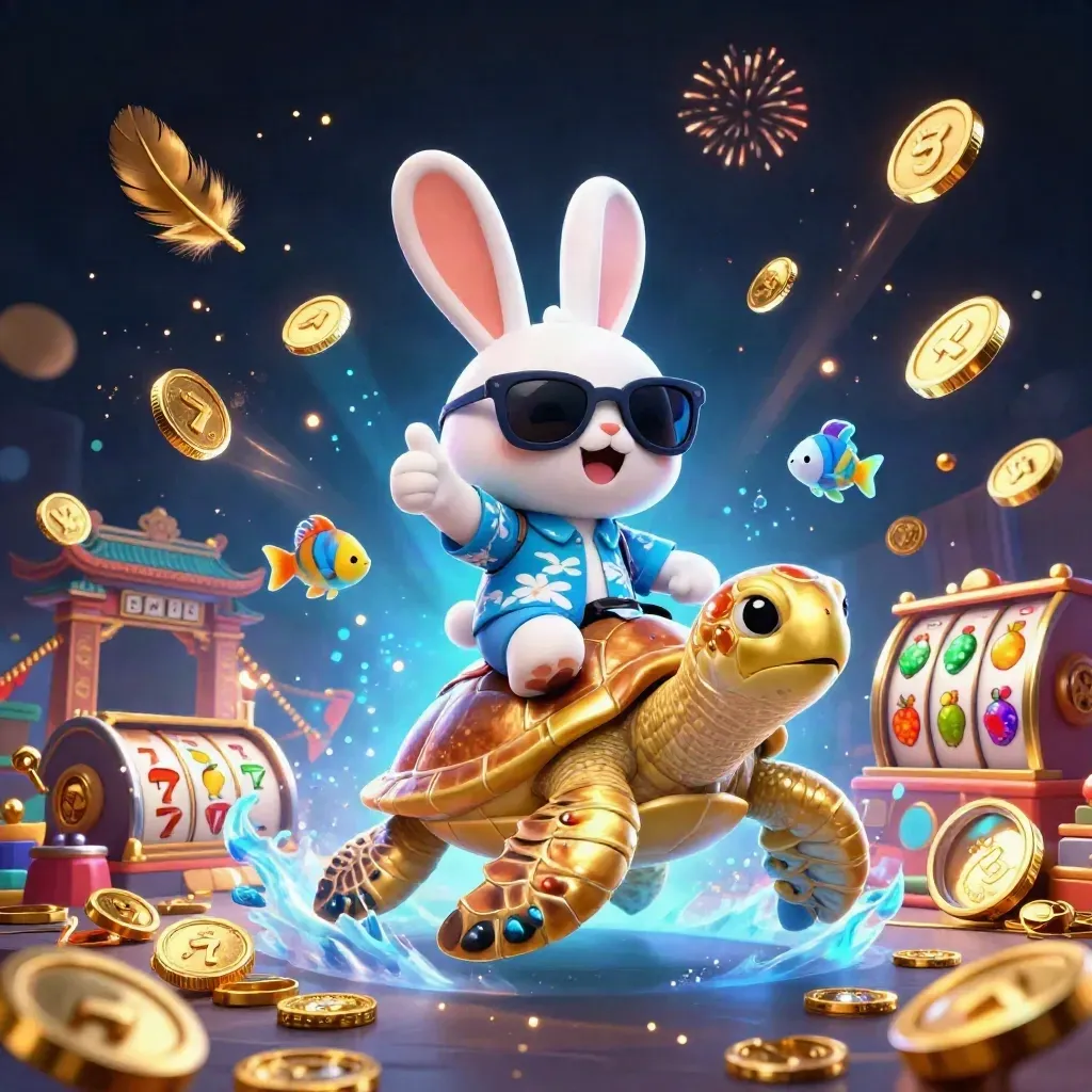 Lucky rabbit rides a jeweled sea turtle amid coins, fireworks, reels, and temple ruins.