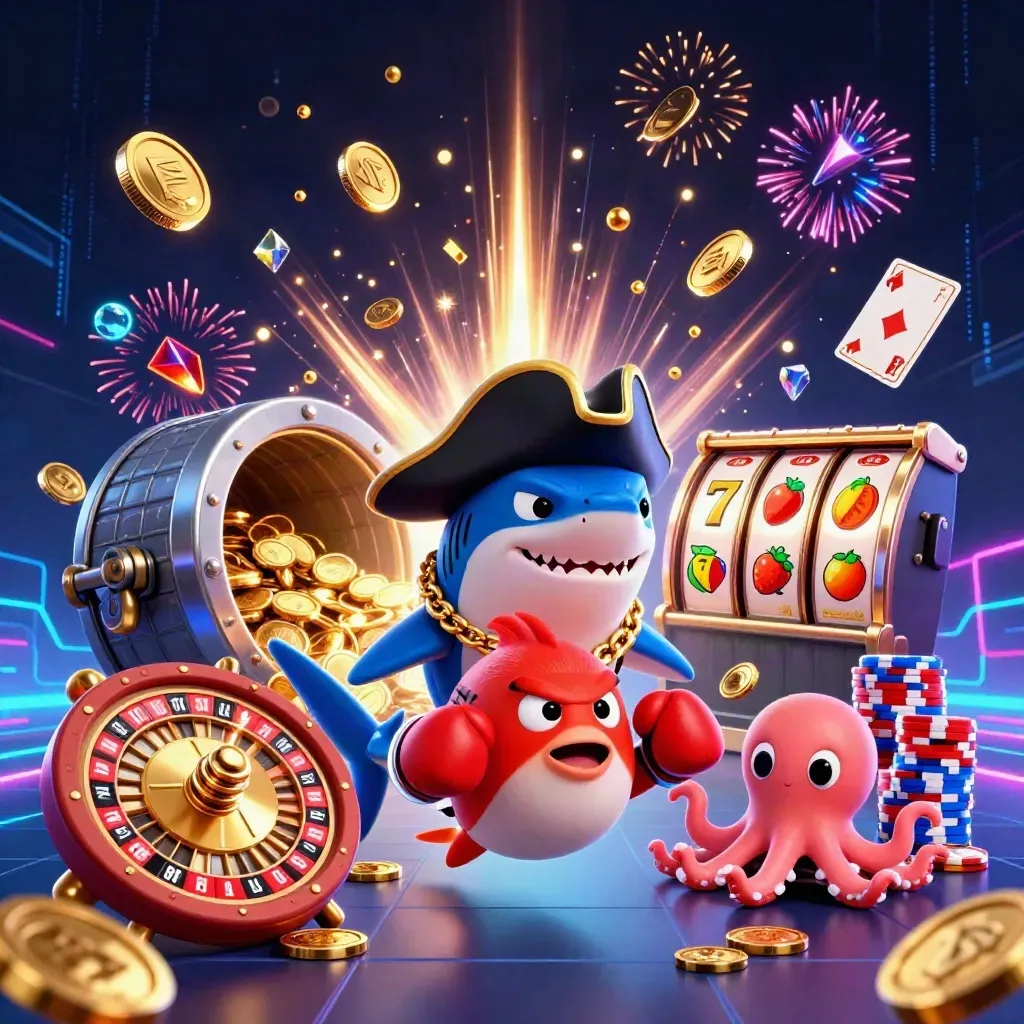 Shark pirate, pufferfish, and octopus amid coins, jackpots, and neon casino energy