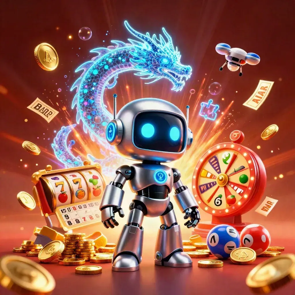 Cyberpunk robot, holographic dragon, coin drone, coins, reels, fireworks, icy casino glow