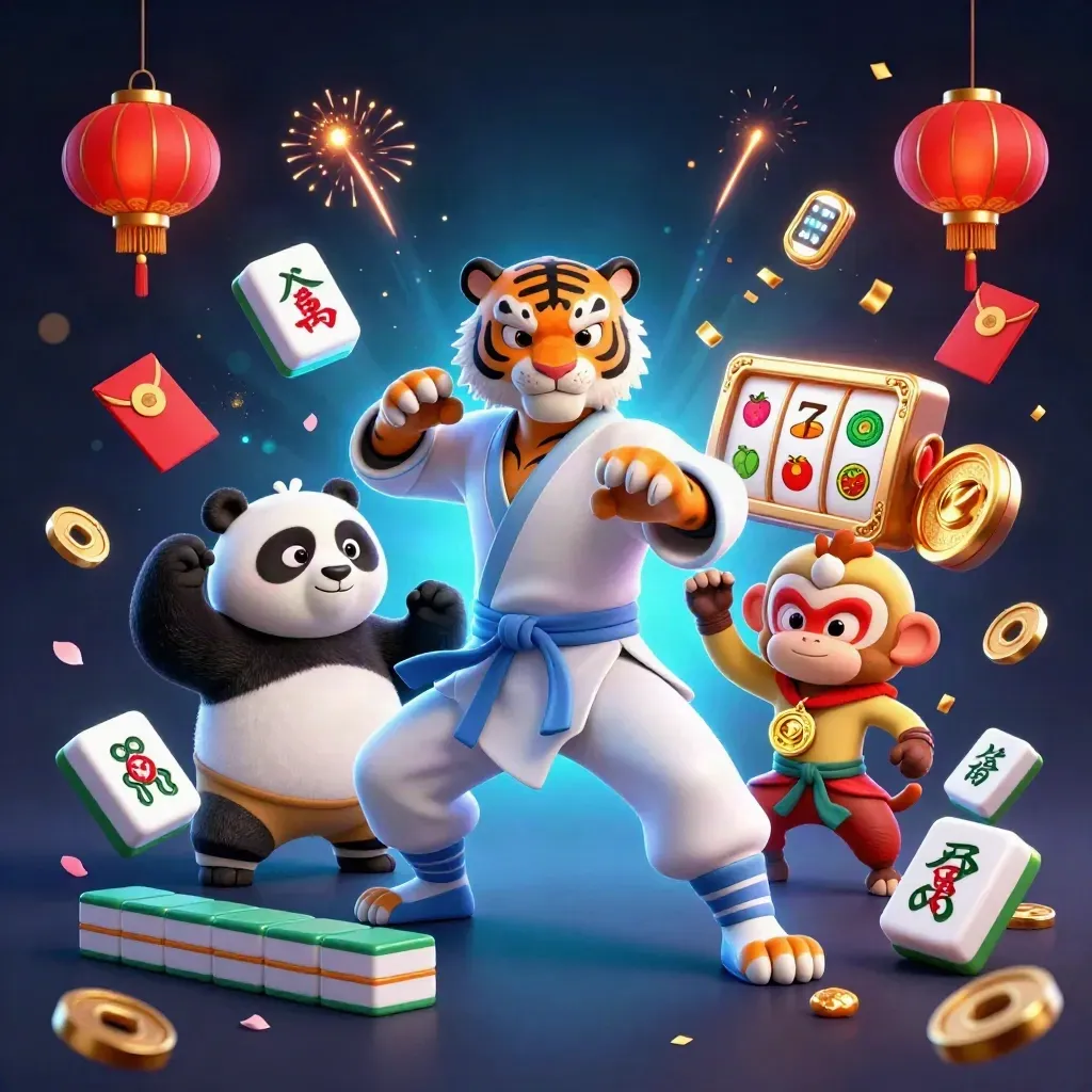 Tiger, panda, and monkey amid icy casino magic, coins, lanterns, and bonus symbols.