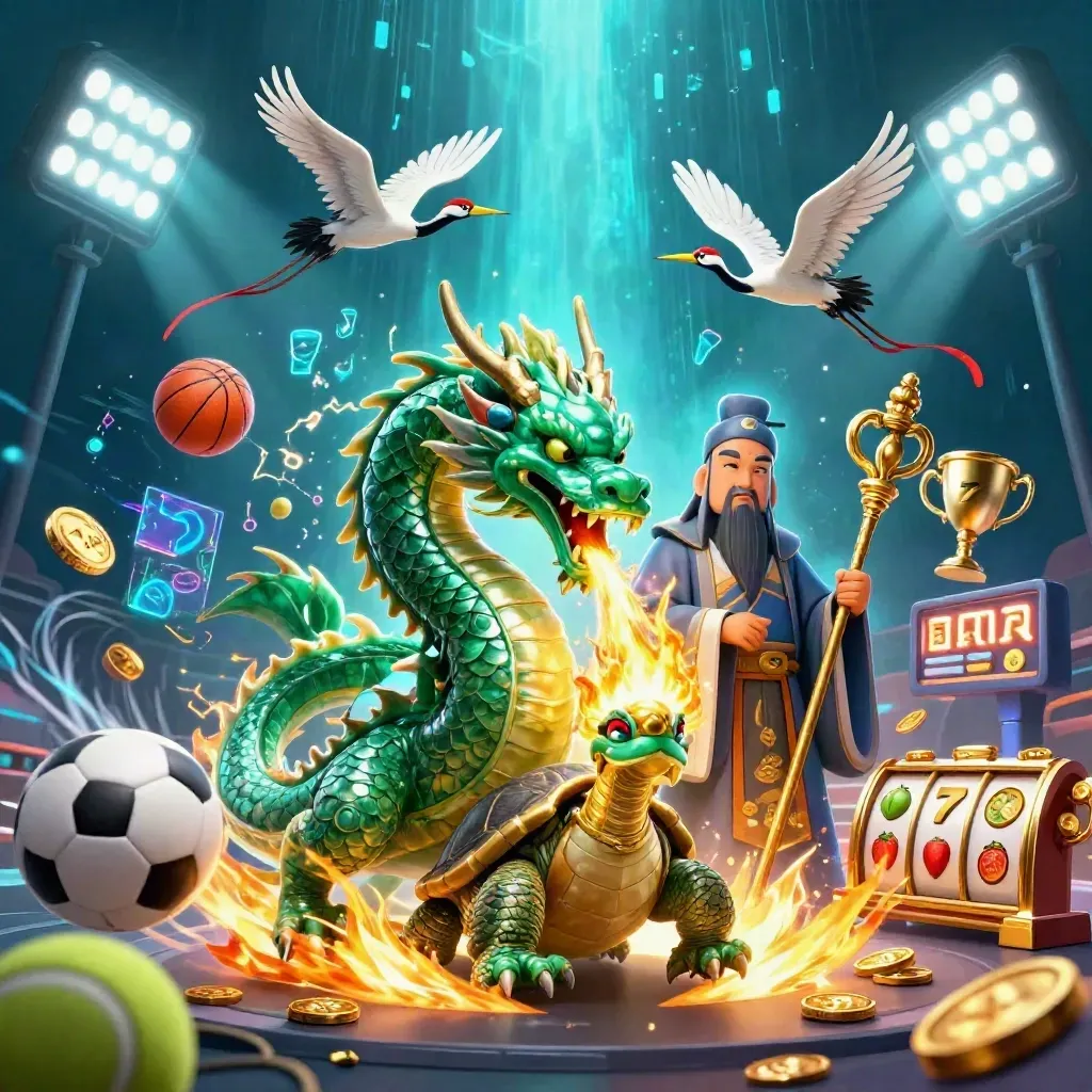 Emerald dragon, turtle sage, and cranes surrounded by casino and sports effects in icy neon light.