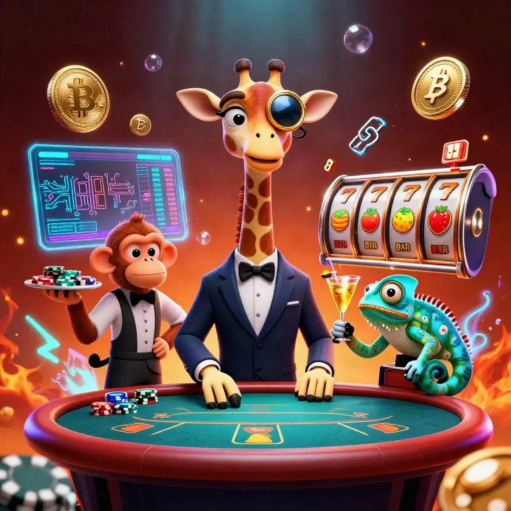 Giraffe, monkey and chameleon casino heroes amid icy neon coins, lightning and glowing reels.