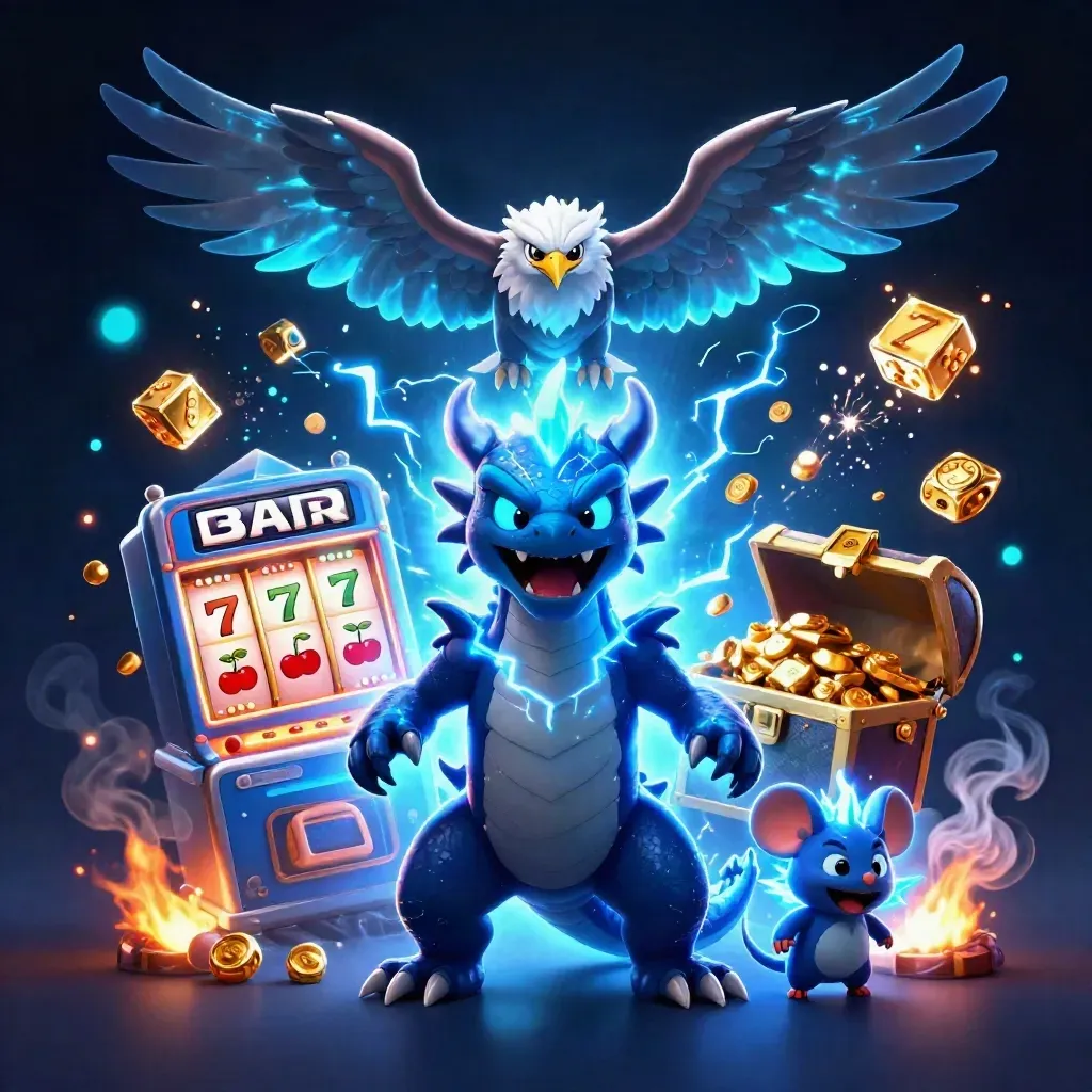 Thunder dragon, glowing hawk, and static mouse amid jackpot slots and icy neon casino bursts.