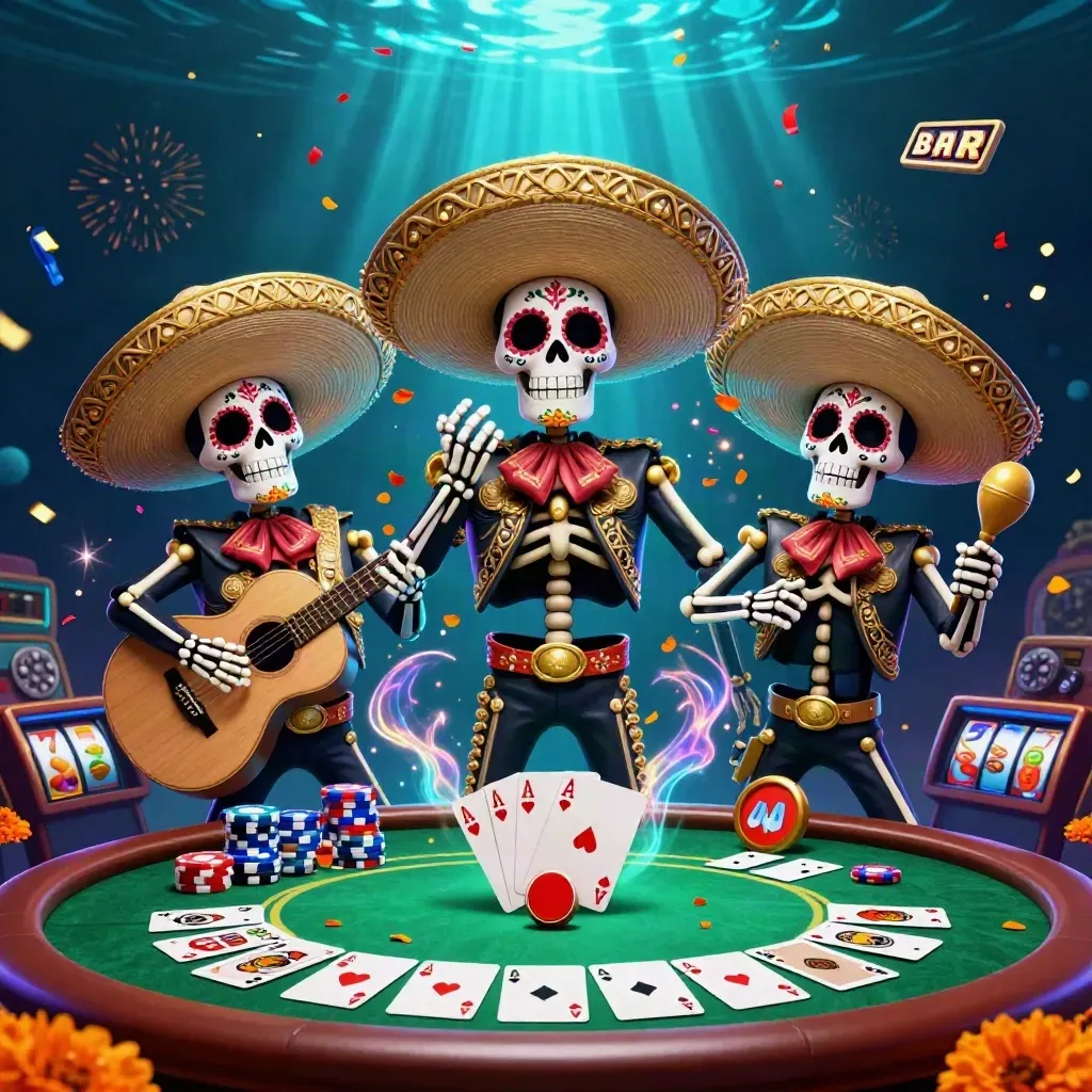 Skeleton mariachi trio amid poker chips, cards, reels, and icy casino glow
