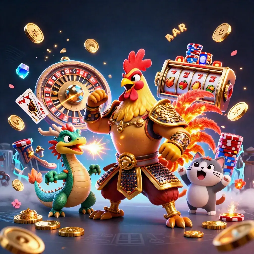 Rooster warrior, dragon hatchling, and fortune cat amid casino coins, reels, and icy cyan glow.